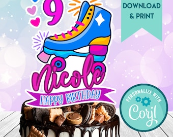 May include: A pink and blue roller skate cake topper with the number 9 and the name Nicole. The topper says "Happy Birthday" and features a blue and yellow roller skate with pink wheels. The cake topper is on a chocolate cake with chocolate frosting and Oreo cookies.