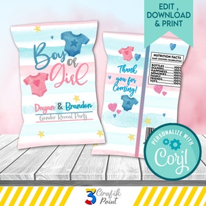 Editable Gender Reveal Chip Bag template, Boy or Girl Favor Bag, Baby Shower , Boy or Girl chip bag, Baby Shower party