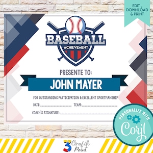 Editable Baseball Award Certificate, End of Season Baseball  Awards, Editable Award Certificate, Editable participation certificate