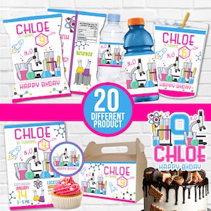 Op de afbeelding: Een set van 20 printbare feestversieringen voor een wetenschappelijk themafeest. De versieringen hebben een beker-, reageerbuis- en microscoopontwerp met de naam "Chloe" en de leeftijd "9".
