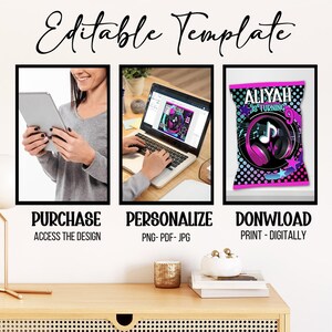 May include: An image showcasing an editable template with the text "Editable Template". The image includes a tablet, a laptop, and a party favor bag with a music theme. The text on the bag says "ALIYAH IS TURNING". The steps are "PURCHASE", "PERSONALIZE", and "DOWNLOAD".