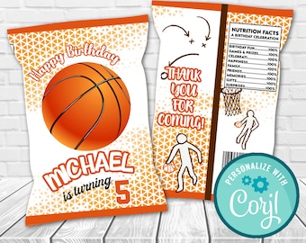 Peut inclure: Des sachets de friandises orange et blanc sur le thème du basket-ball avec le texte "Happy Birthday Michael is turning 5" et "Thank you for coming!"  Personnaliser avec Coril.
