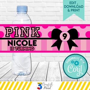Pink Birthday Water Bottle Label: Editable Template (Digital Download)