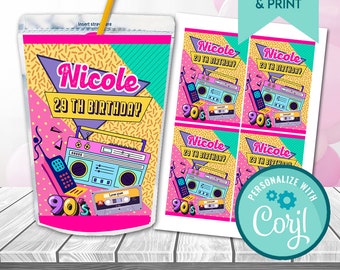 Editable Template 90s party Juice Label, Love the 90s, Retro Juice Label, Back to the 90s, 90s party