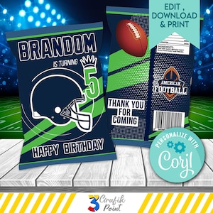 Editable American Football Chip Bag Template, Football Birthday Favor, Sport Party Snack Bag, Football Party Decor, Corjl