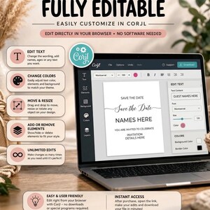 May include: A laptop displays a wedding invitation template with the text "Save the Date." The screen shows editing options, including text, color, and element adjustments. The software is described as easy to use and fully editable.
