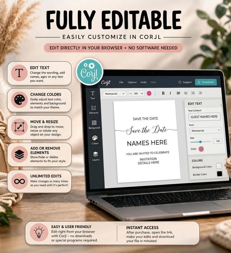 May include: A laptop displays a wedding invitation template with the text "Save the Date." The screen shows editing options, including text, color, and element adjustments. The software is described as easy to use and fully editable.