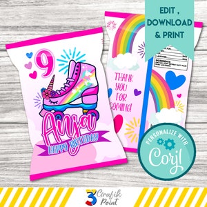 May include: Pink and white birthday party favor bag with a rainbow, a unicorn roller skate, and the text "9 Anja Happy Birthday". The bag is decorated with hearts and stars. The back of the bag has the text "Thank you for coming!" and a rainbow. The bag is personalized with the text "Coril".