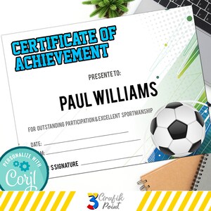 Editable Soccer Award Certificate, End of Season Soccer Awards, Editable Award Certificate, Soccer participation certificate