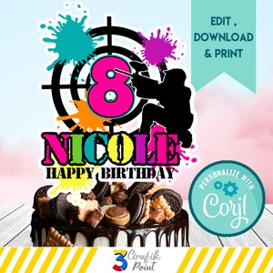 Editable Paintball Birthday Cake Topper Template - Splattered Paint Party Decor