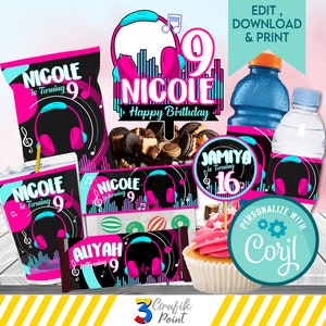 Editable Bundle Party Musical Pack printable, musical Favor Bag, musical chip bag, dance watter bottle label, musical party, Corjl