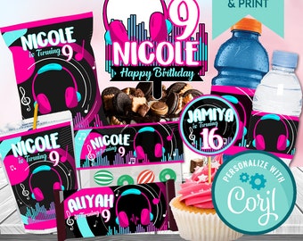 Musical Birthday Party Pack: Favor Bag, Chip Bag, Water Bottle Label (Editable, Printable)