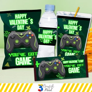 Könnte beinhalten: Ein Satz bedruckbarer Etiketten für Partygeschenke zum Valentinstag mit einem grün-schwarzen Videospiel-Controller mit dem Text "Happy Valentine's Day You've Got Game".