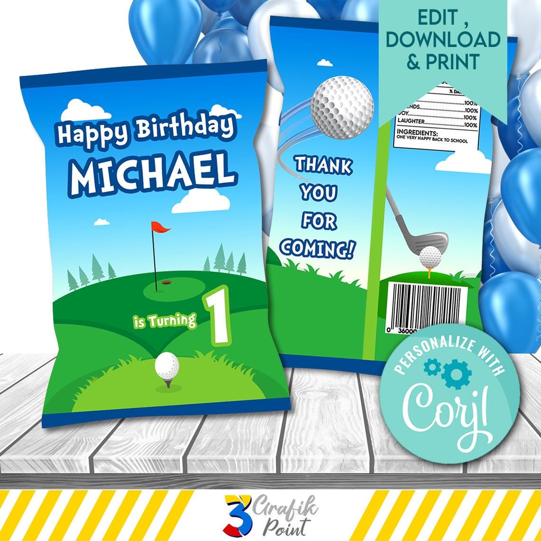 Golf Chip Sticker Editable Template Golf Chip Bag, Golf Birthday Chip Bag, Hole in One ...
