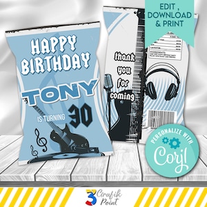 Editable Rock and Roll Party Chip Bag Template, Guitar Favor Bag, Music Birthday, Rock Music Party, Corjl