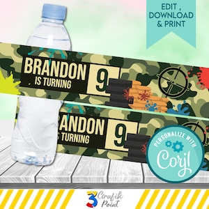 Camouflage Water Bottle Label Printable – Army Birthday Party – Soldier Theme Decor – Digital Download