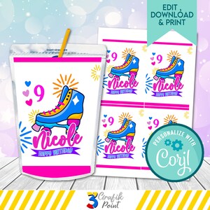 Editable Roller Skate Juice Pouch Label, Roller Skate Birthday Juice Label, Juice Pouch Printable, Roller Skate Party, Corjl