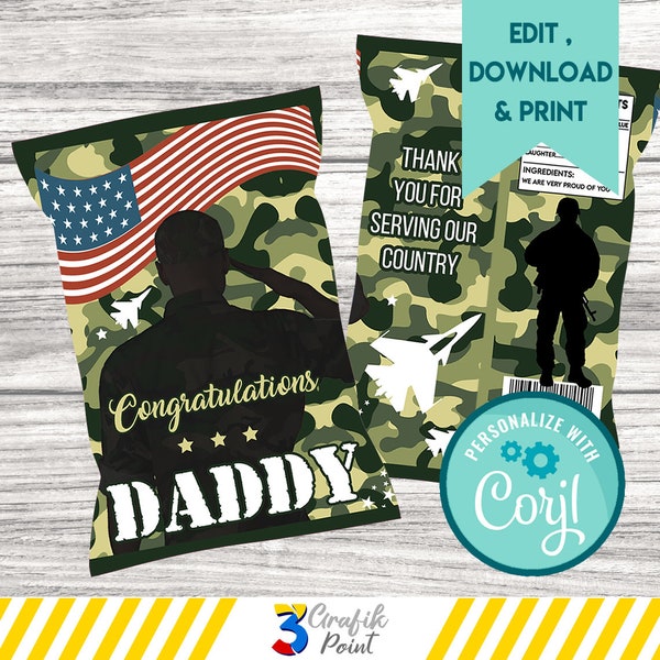 Army Chip Bag printable, Camouflage  Favor Bag, Army Birthday, Camouflage  chip bag, Camouflage  party, Army Party