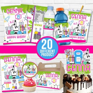 Op de afbeelding: Een set printbare feestversiering voor een wetenschappelijk thema feest. De versiering heeft een groen en roze kleurenschema met een beker en reageerbuis ontwerp. De tekst op de versiering zegt "Genna wordt 8".