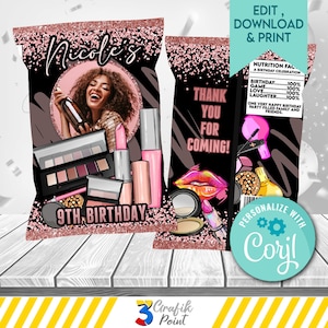Editable Makeup Chip Bag: Spa Party Favor, Gold & Pink (Corjl Template)