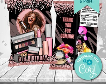 Bolsa de maquillaje editable: recuerdo de fiesta de spa, dorado y rosa (plantilla Corjl)