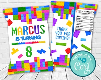 Editable Building Blocks Chip Bag Template: Birthday Party Favor (Digital Download)