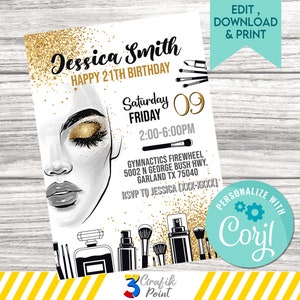 Editable Make Up Invitation, Make Up Gold Happy Birthday, Spa Invitation, Cosmetic Birthday, Invitation template