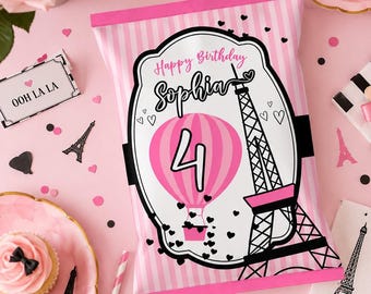 Paris Birthday Chip Bag Printable: Eiffel Tower Party Favor (Digital File)