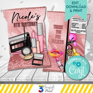 Make Up chip bag, Gold Pink Happy Birthday, Spa Chip Bag, Cosmetic Birthday, Sweet 16 Chip Bag