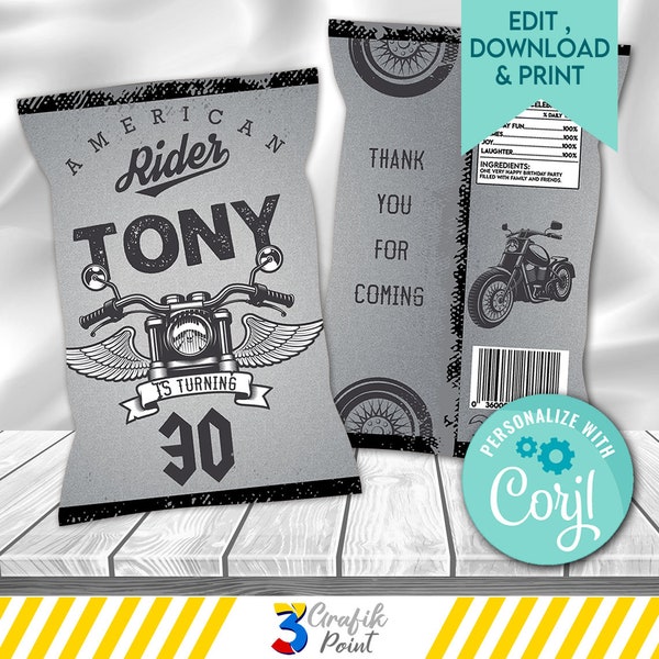 Editable Template Motorcycle  party, Rider Chip Bag,  Motorcycle  favor bag, Vintage Motorcycle party