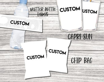 Custom Party Pack printable, Custom Favor Bag, Custom chip bag, Custom water bottle label, Custom party, custom cake topper