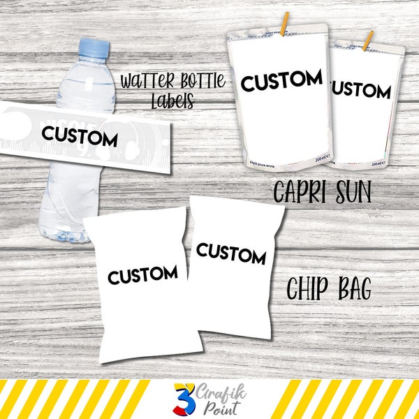 Custom Party Pack printable, Custom Favor Bag, Custom chip bag, Custom water bottle label, Custom party, custom cake topper