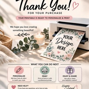 May include: A printable design with the text "Thank You!" and "Your Design Here." The image includes a printer, a candle, and floral accents. The design is ready to personalize and print.