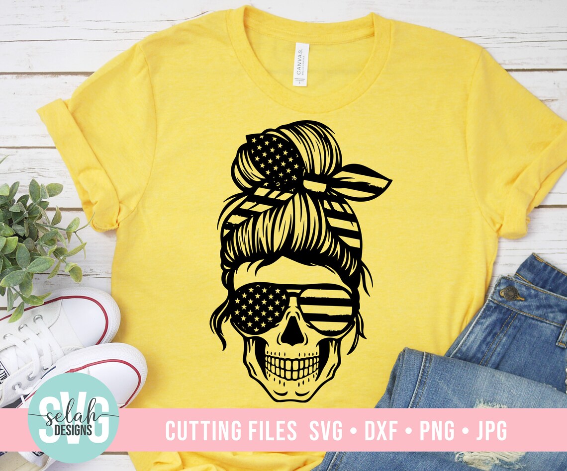 Download American Mom Skull svg Messy bun skull svg Mom life SVG | Etsy