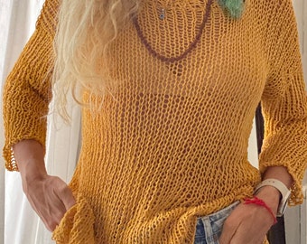 Summer sweater organic cotton ochre yellow color, open knitted blouse, casual beach fashion, beach tunic, UMAUMA