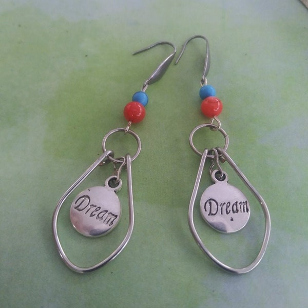 Bent wire dangles, Silver dream charm dangles for her, Dream Inspirational dangles, Earrings for her, One of a kind earrings