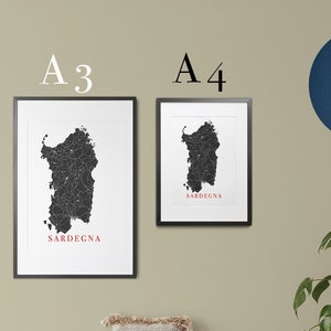 Carte de la Sardaigne, affiche de la Sardaigne, JPG, affiche de la Sardaigne, téléchargement, A3 à A4, Italie, illustration d'art mural italien, design minimaliste