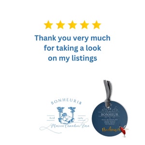 May include: Five gold stars with the text "Thank you very much for taking a look on my listings". Below the text is a blue and white logo with the text "BONHEUR18 Estd 1963 Marina Camadini Zara". Below the logo is a blue circle with the text "BONHEUR 18 ENJOY THE SEASON WITH HIGHEST QUALITY DIGITAL FILES FOR SELF PRINTING Bonheur 18" and a small red ladybug.