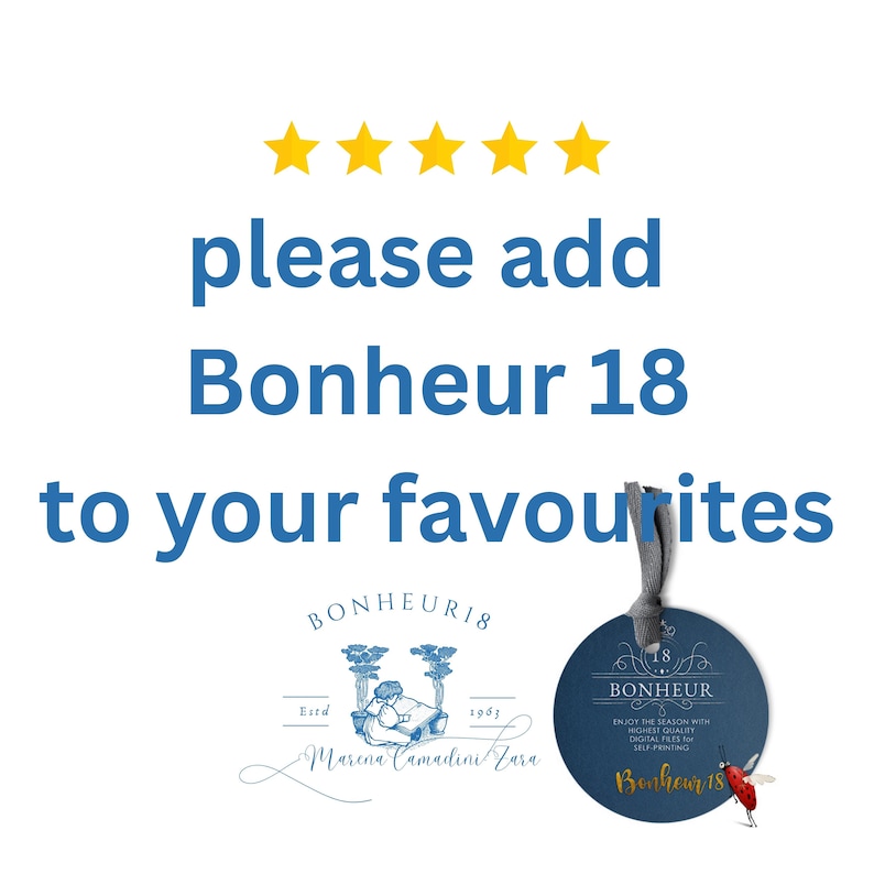 May include: A blue and white round sticker with the text "Bonheur 18" and a small ladybug illustration. The sticker is attached to a gray string.