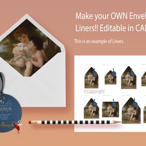 May include: A printable sheet of envelope liners featuring a painting of two children holding a lamb. The text "Make your OWN Envelope Liners!! Editable in CANVA" and "This is an example of Liners." is also included on the sheet.