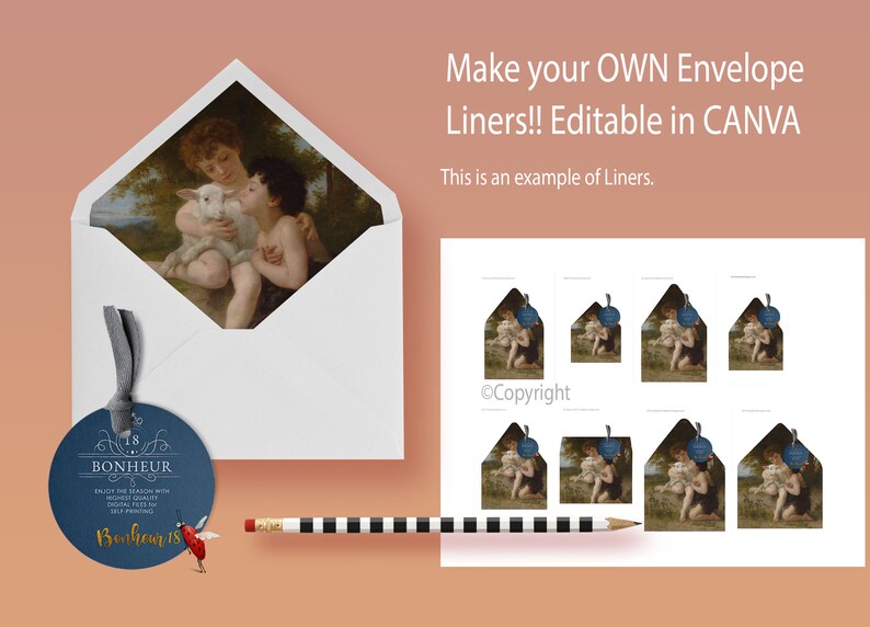 May include: A printable sheet of envelope liners featuring a painting of two children holding a lamb. The text "Make your OWN Envelope Liners!! Editable in CANVA" and "This is an example of Liners." is also included on the sheet.