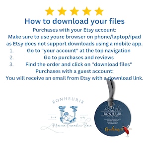 May include: A blue and white round sticker with the text "Bonheur 18" and the words "Enjoy the season with highest quality digital files for self-printing".