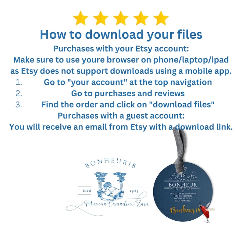 May include: A blue and white round sticker with the text "Bonheur 18" and the words "Enjoy the season with highest quality digital files for self-printing".