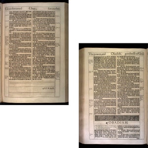 May include: Two pages from an antique book of the Bible, with the text of Jonah and Obadiah. The pages are printed in black ink on white paper and have a decorative border around the edges.