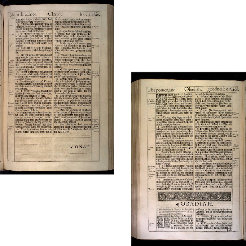 May include: Two pages from an antique book of the Bible, with the text of Jonah and Obadiah. The pages are printed in black ink on white paper and have a decorative border around the edges.