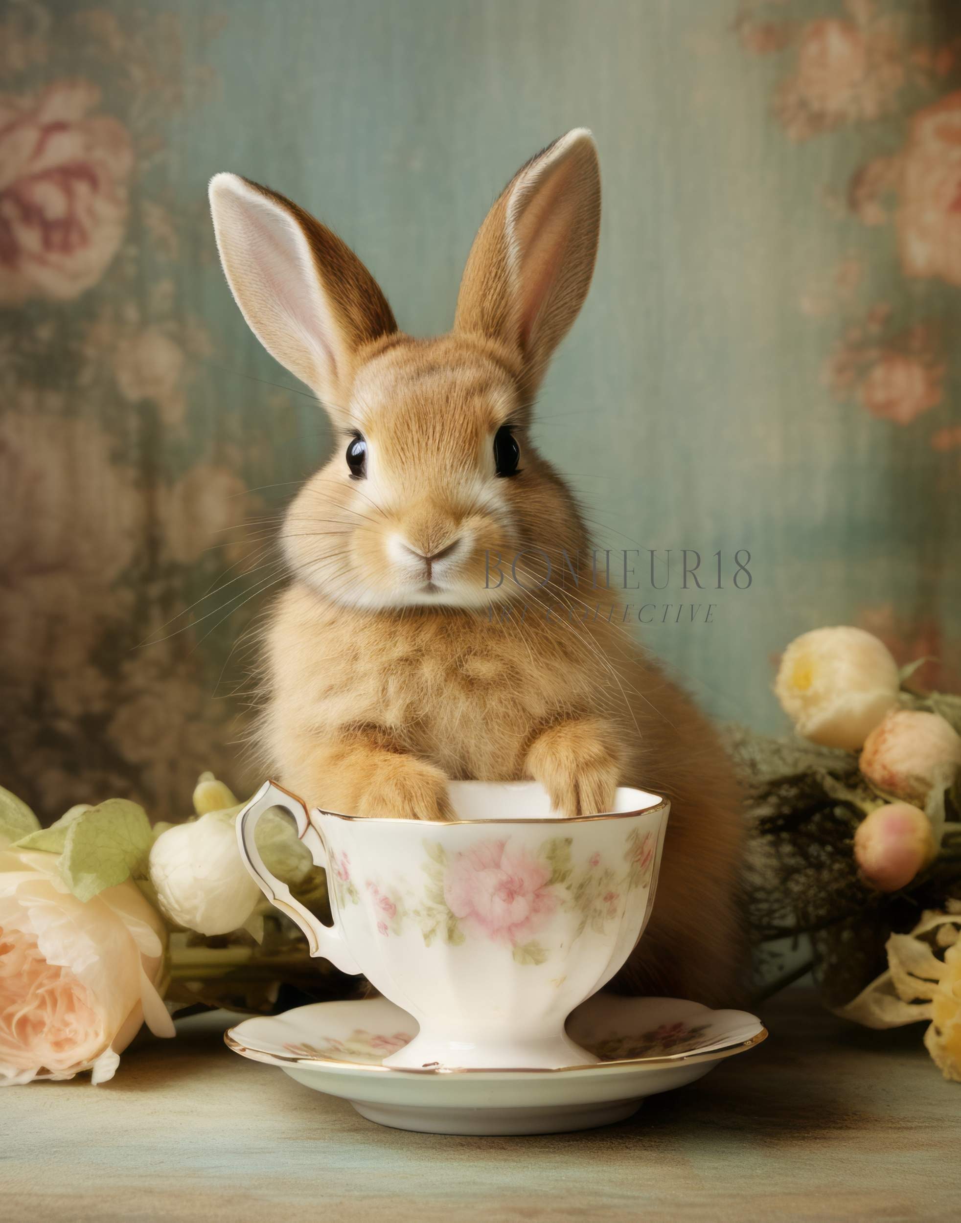 Easter Bunny Baby Rabbit in Tea Cup Farmhouse Peter Rabbit Roses Wall