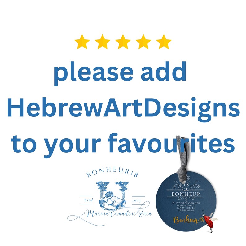 May include: A blue and white round printable design with the text "Bonheur 18" and a ladybug. The design is for self-printing and includes the text "Enjoy the season with highest quality digital files for self-printing".