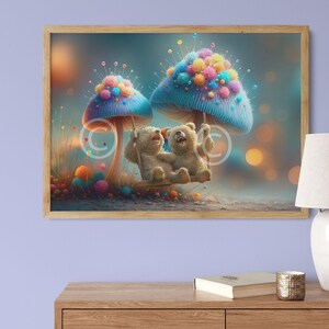 verträumte Pilze mit Bär | KI-Kunst | Natur | Wandkunst | Postergrößen | Wald | Herunterladen | Geburtstag