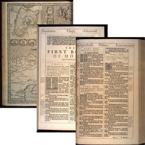May include: An open book with a black and white illustration of a map on the left page. The right page features a black and white illustration of a decorative border with the text "The First Book of Moses called Genesis" in the center. The text "Chap. I. of the world." is visible at the top of the page.
