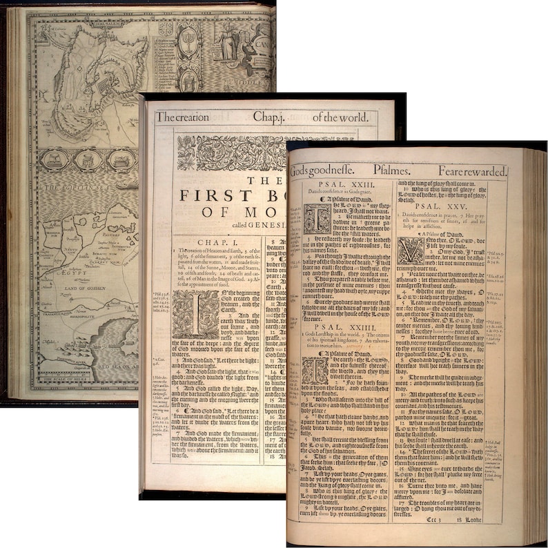 May include: An open book with a black and white illustration of a map on the left page. The right page features a black and white illustration of a decorative border with the text "The First Book of Moses called Genesis" in the center. The text "Chap. I. of the world." is visible at the top of the page.